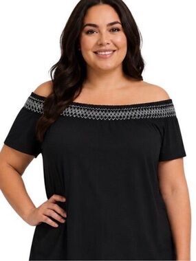 Torrid Black Off Shoulder Smocked Jersey Blouse Flutter Sleeve Stretch 00 New
